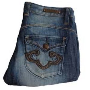 REROCK FOR EXPRESS Dark Blue Boot Cut Distressed Button Flap Pocket Jeans 8